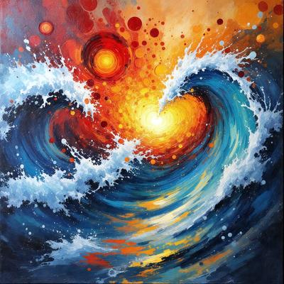 The primary subject of the image is a painting of a wave with a sun in the middle. The setting is a painting of a wave, and the visual style is a painting. The dominant colors are orange and blue, creating a vibrant and energetic atmosphere.